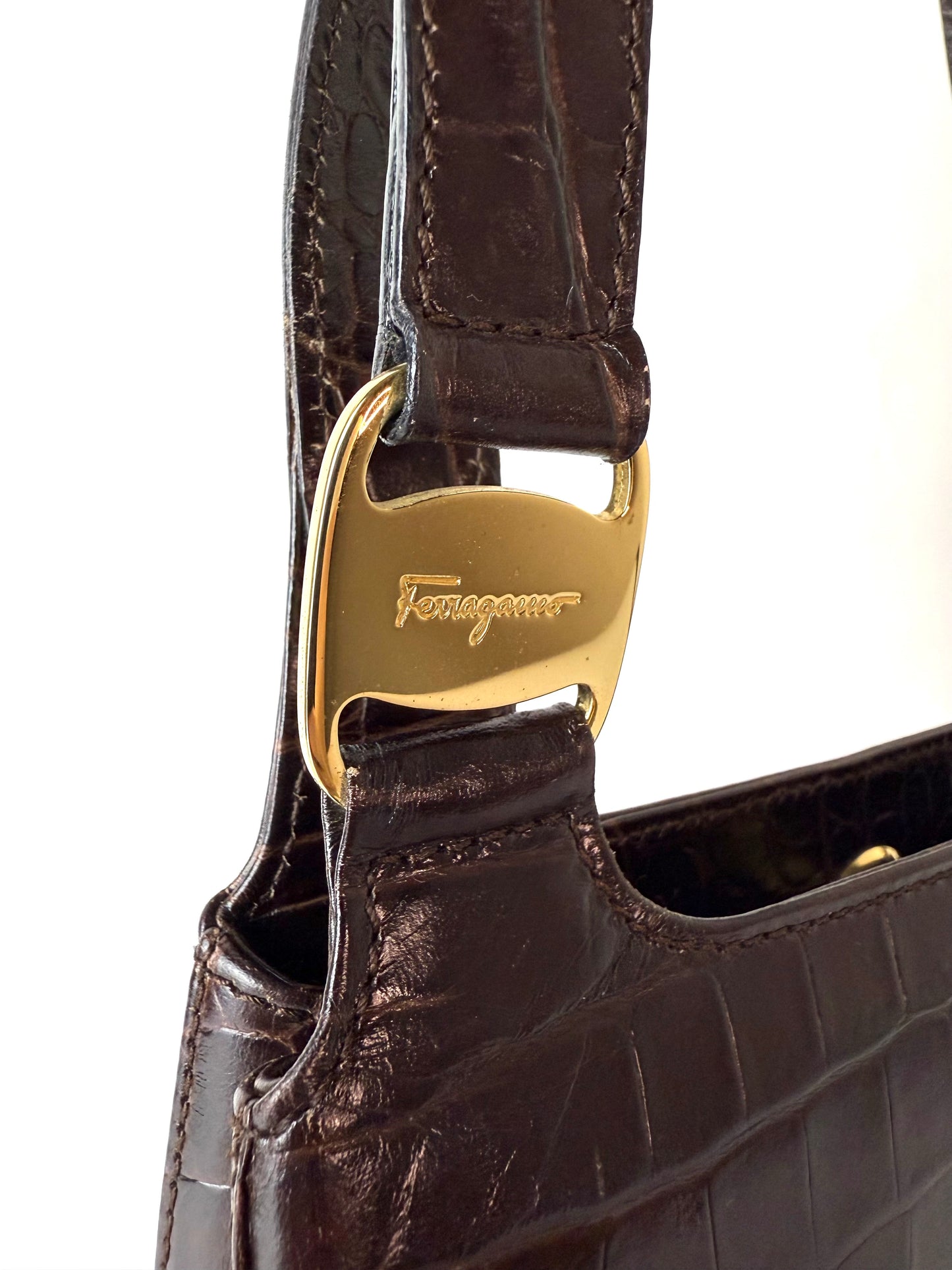 Salvatore Ferragamo Vara Crocodile Embossed Leather Handbag