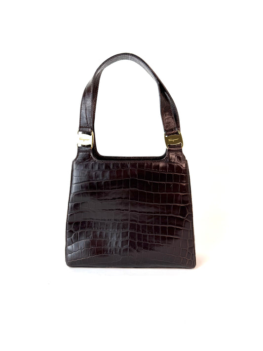 Salvatore Ferragamo Vara Crocodile Embossed Leather Handbag