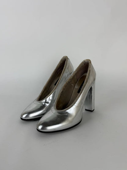 Marc Jacobs Silver Leather Block Heel Pumps - size 36.5
