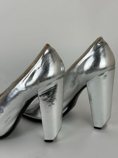 Marc Jacobs Silver Leather Block Heel Pumps - size 36.5