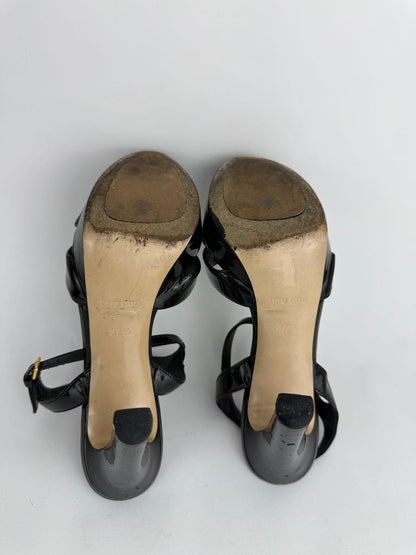 Miu Miu Black Patent Leather Strappy Platform Heels - size 37.5