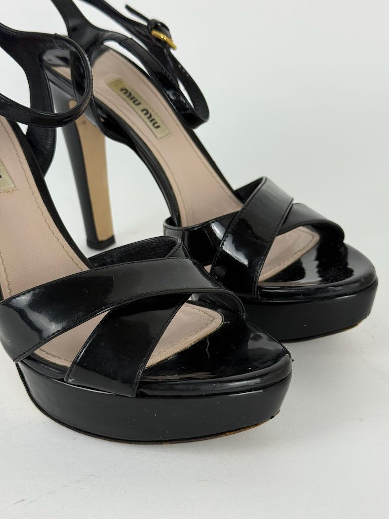 Miu Miu Black Patent Leather Strappy Platform Heels - size 37.5
