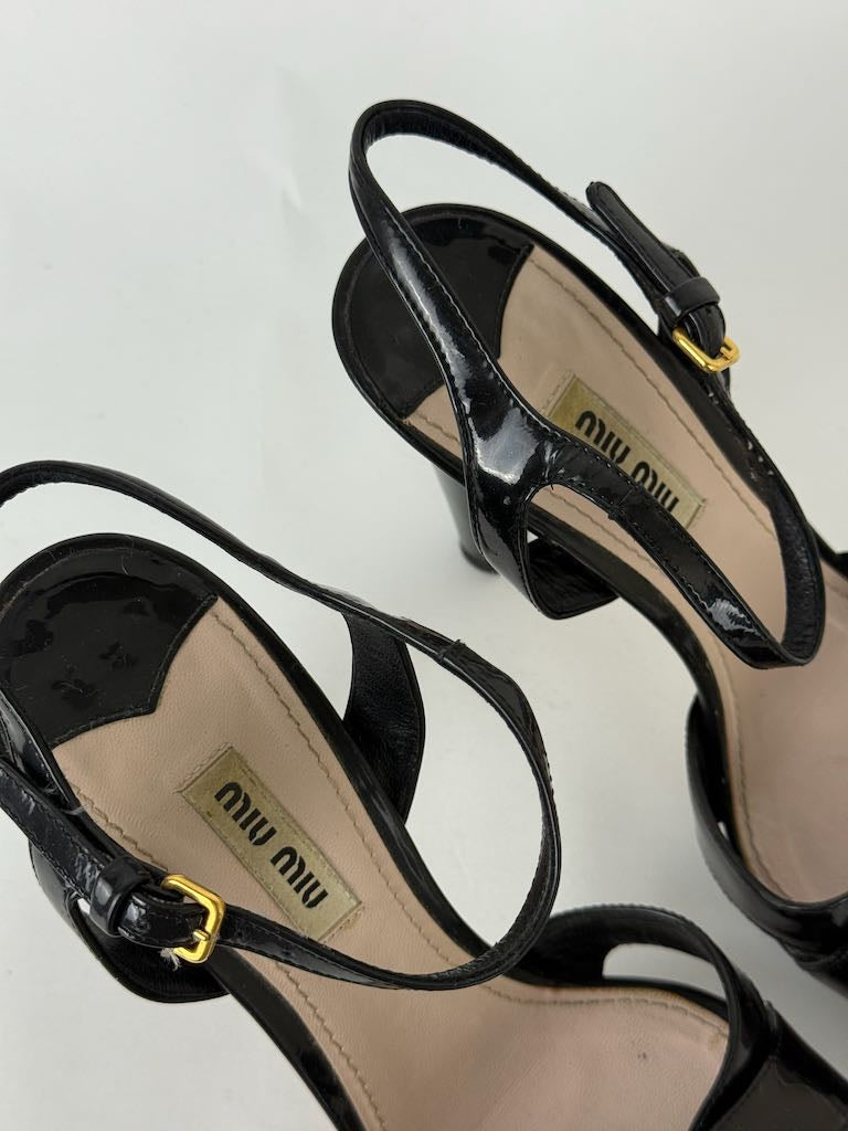 Miu Miu Black Patent Leather Strappy Platform Heels - size 37.5