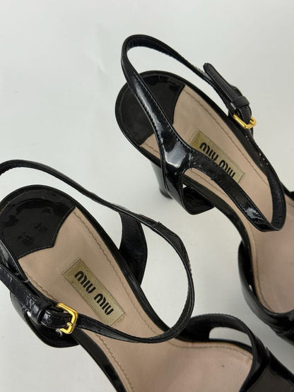 Miu Miu Black Patent Leather Strappy Platform Heels - size 37.5