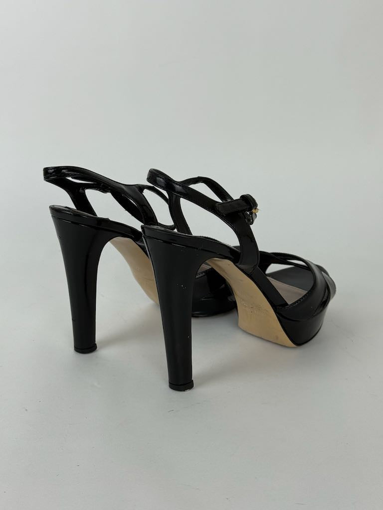 Miu Miu Black Patent Leather Strappy Platform Heels - size 37.5
