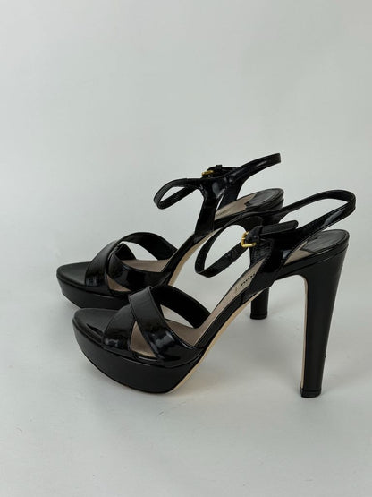 Miu Miu Black Patent Leather Strappy Platform Heels - size 37.5