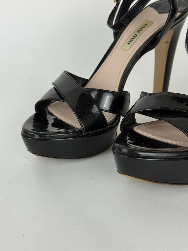 Miu Miu Black Patent Leather Strappy Platform Heels - size 37.5